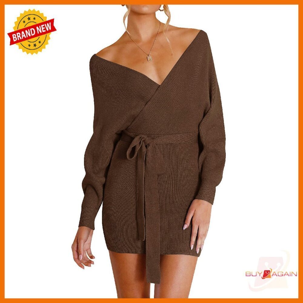 Long Batwing Sleeve Wrap V Neck Knitted Bodycon Sweater Dress with Belt